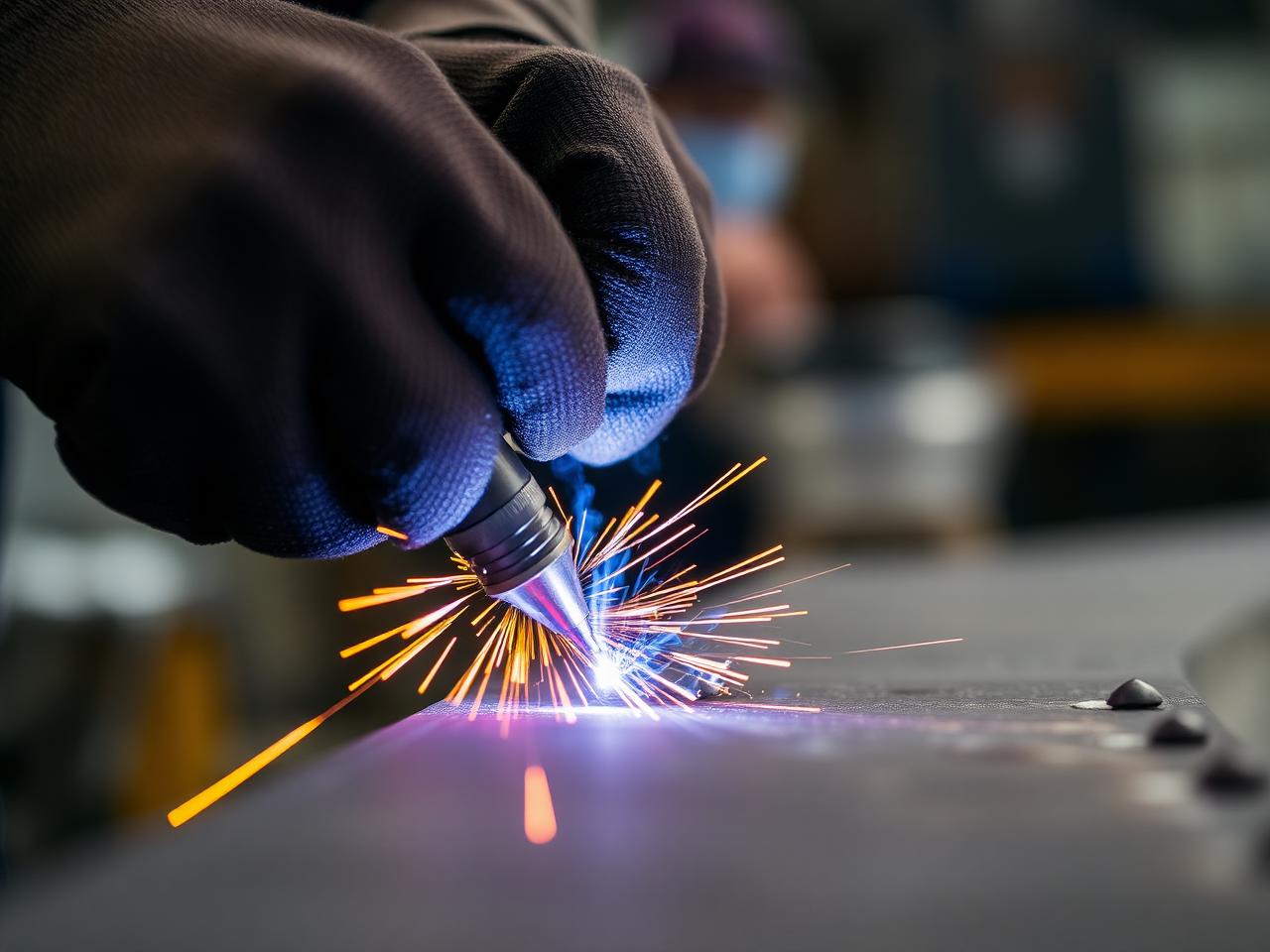 Gloved hands welding a structural steel joint with bright sparks.