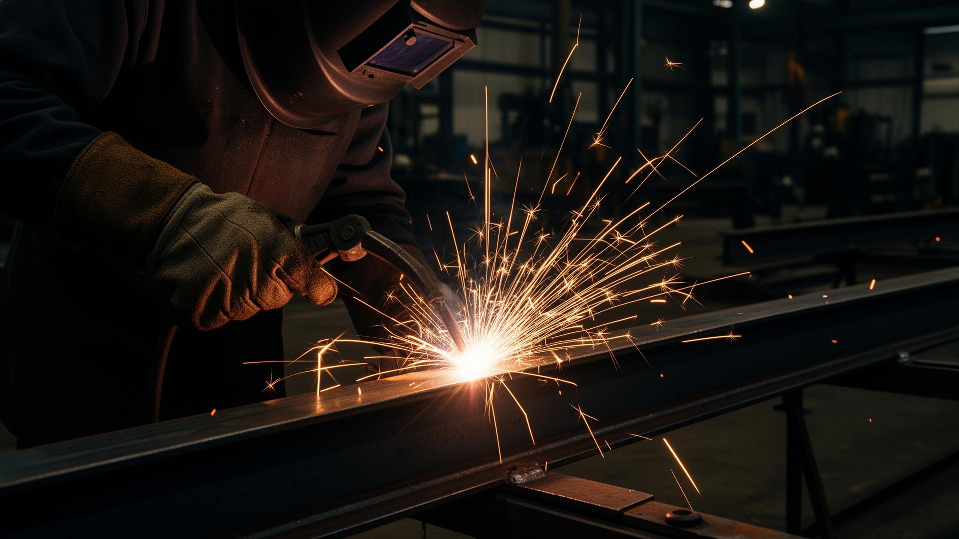 Welder making a bright weld on a steel beam, sparks flying in a fabrication shop.