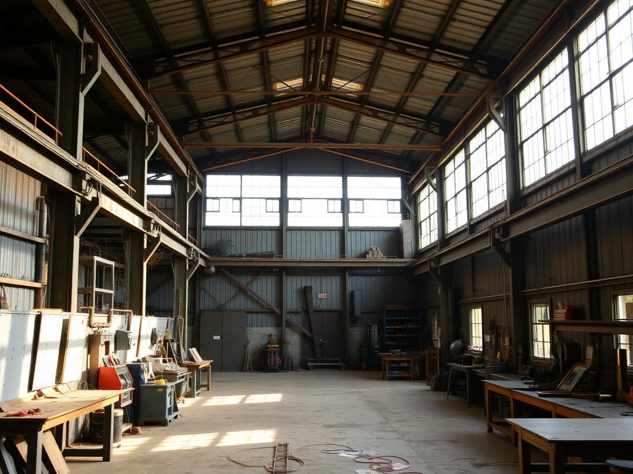 Interior of the Quality Welding fabrication shop with steel beams and workbenches.