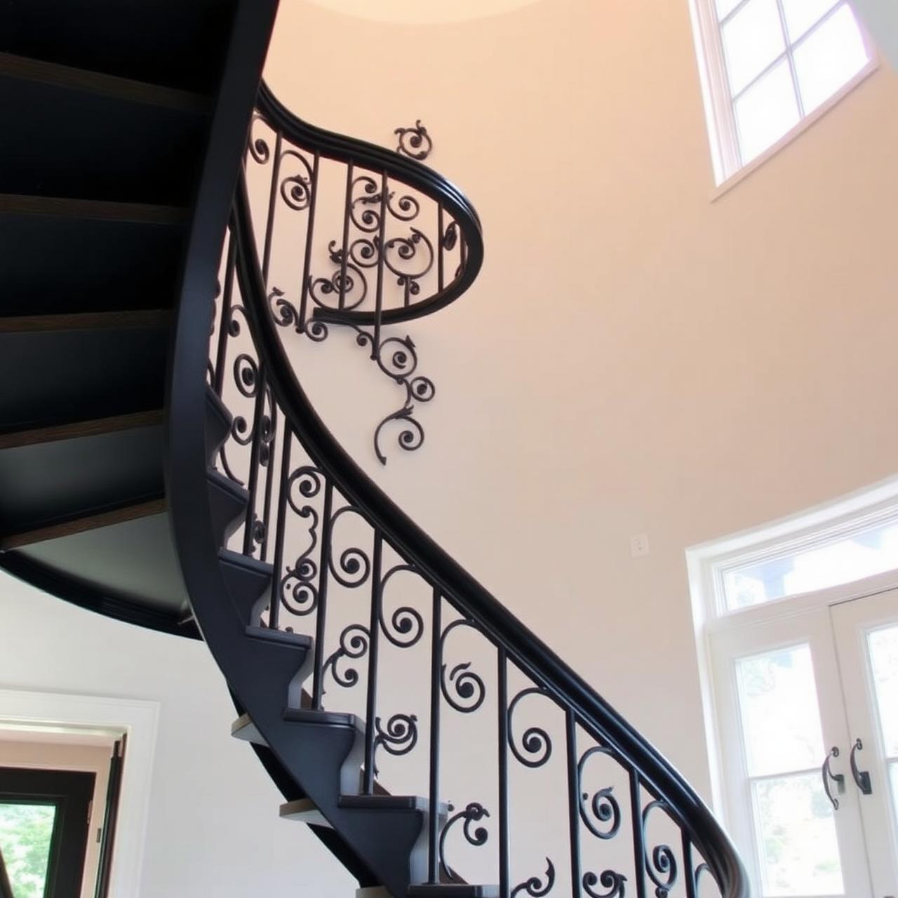 Custom black wrought iron spiral staircase in a residential entryway.